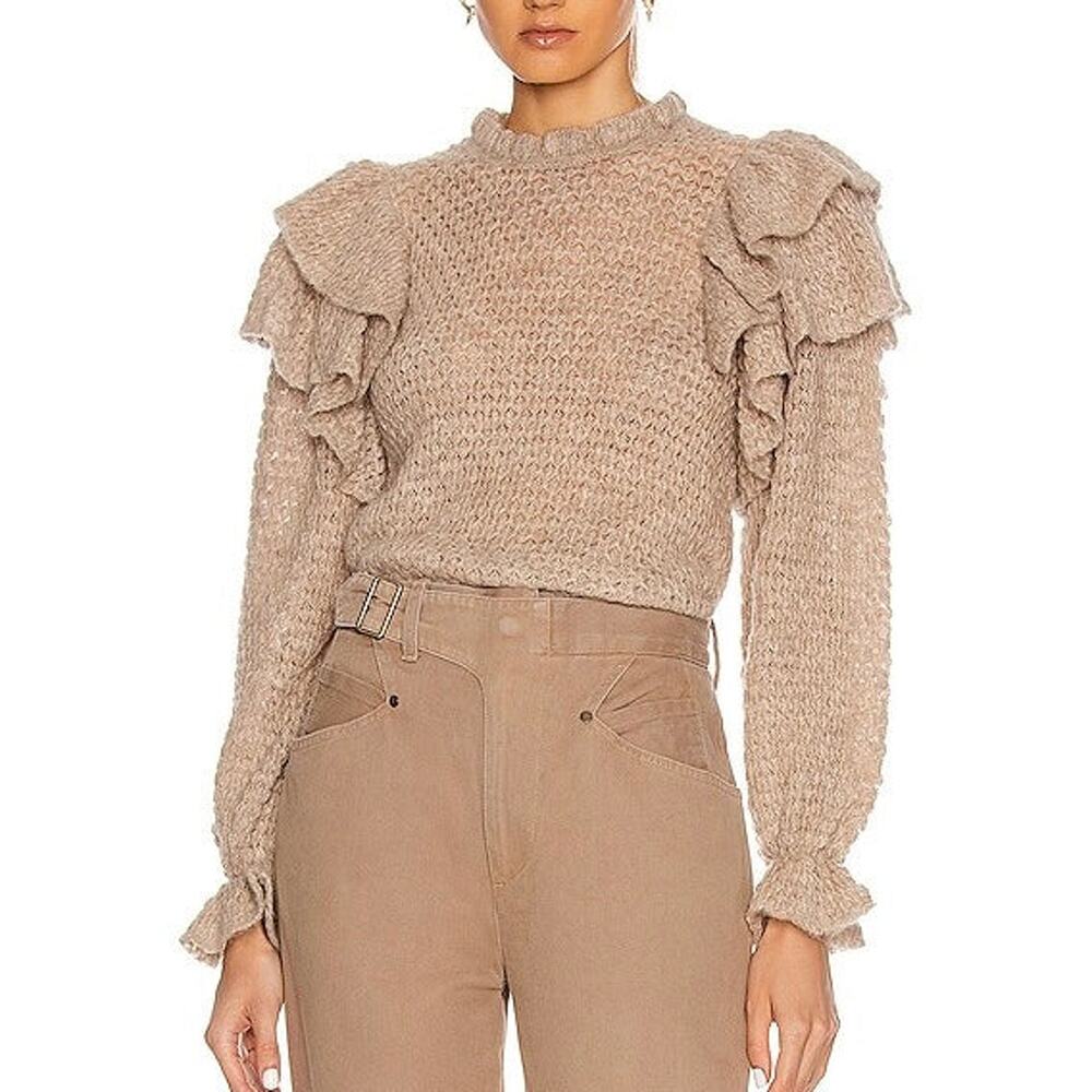 Ulla Johnson Camilla Frill Tan Baby Alpaca Ruffle Shoulder Sweater M Knit Top